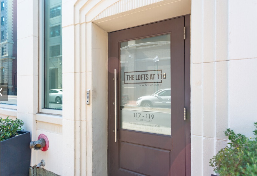 The Lofts at 119 entrance at 119 W. Tazewell Street, historic downtown Norfolk apartment building